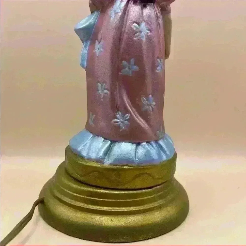 Vintage Handmade 70s Prairie Doll Pink Bonnet Girl Porcelain Table Lamp 16” Tall - Picture 8 of 10